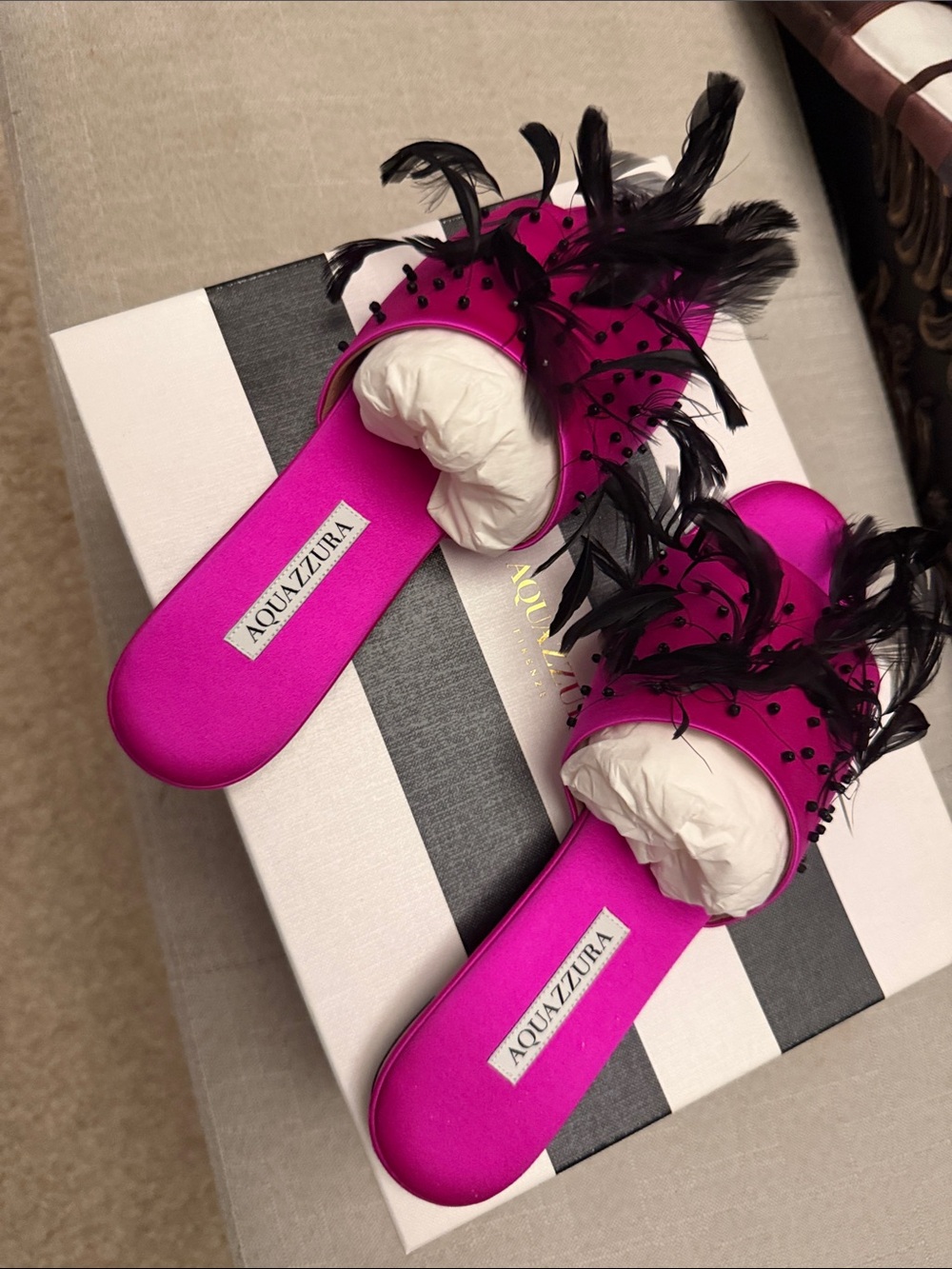 Aquazzura Hot Pink Feather Embellished Slide Sandals